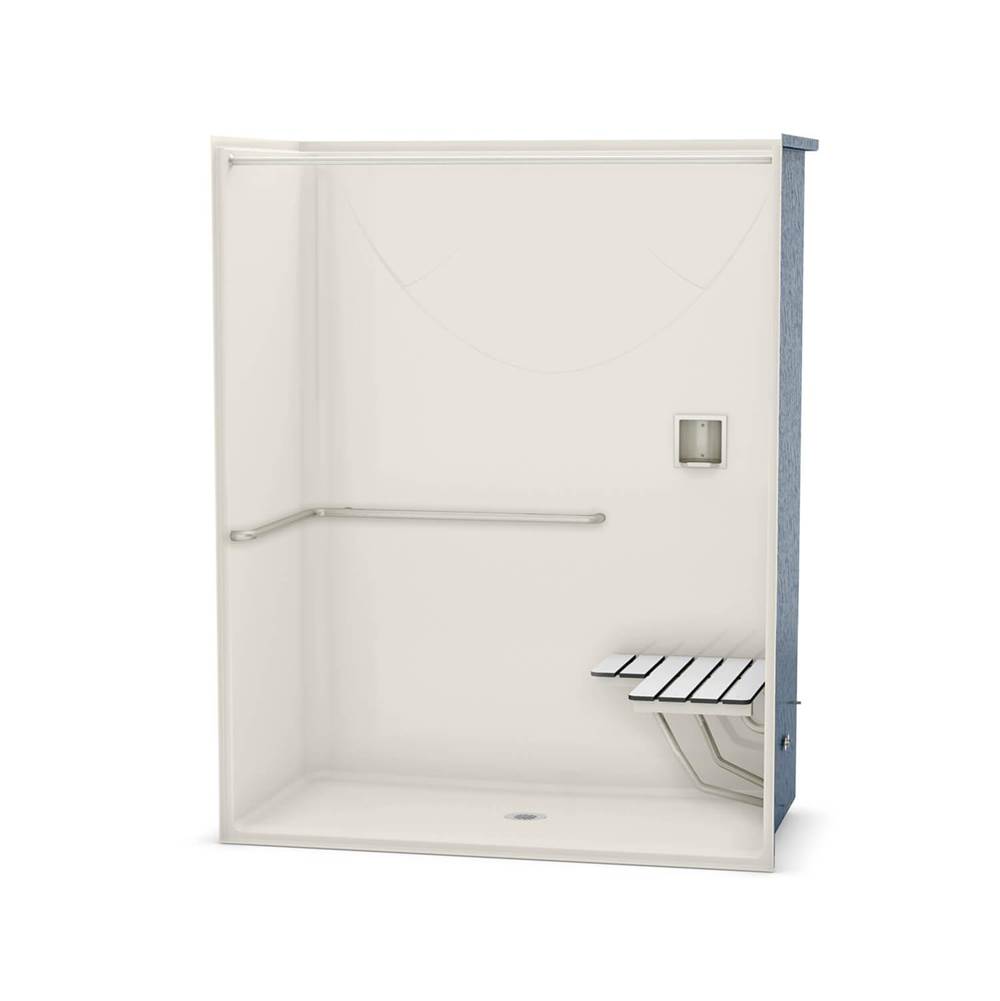 Aker OPS-6030 AcrylX Alcove Center Drain One-Piece Shower in Biscuit - ADA Grab Bar and Seat