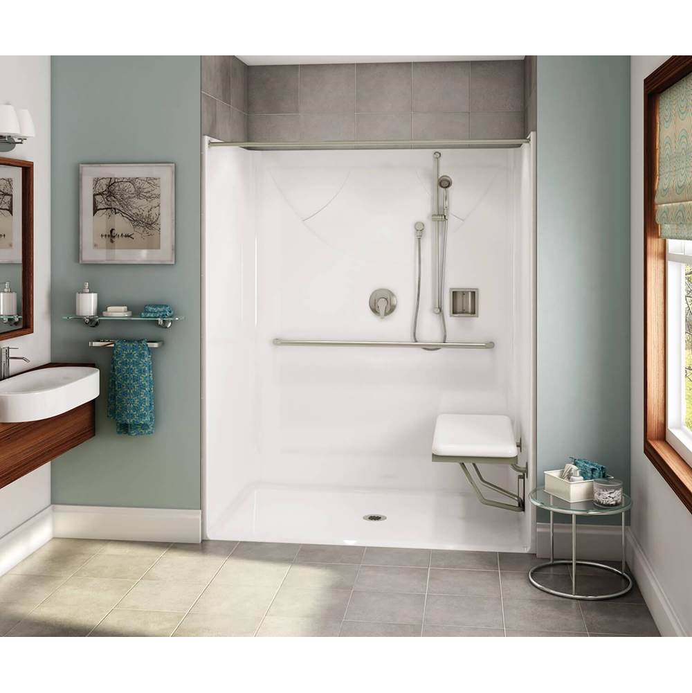 Aker OPS-6036-RS AcrylX Alcove Center Drain One-Piece Shower in Sterling Silver - MASS Grab Bar and Seat