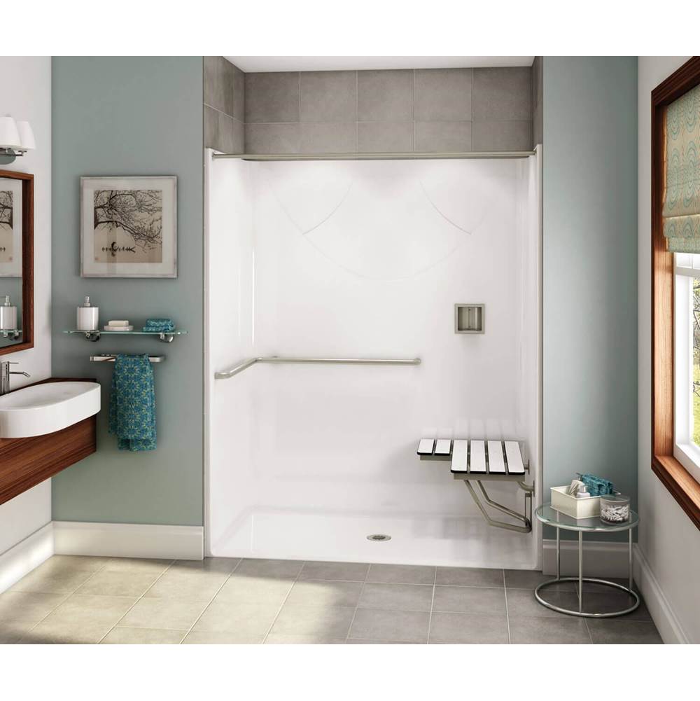 Aker OPS-6030-RS AcrylX Alcove Center Drain One-Piece Shower in Thunder Grey - ADA Grab Bar and Seat