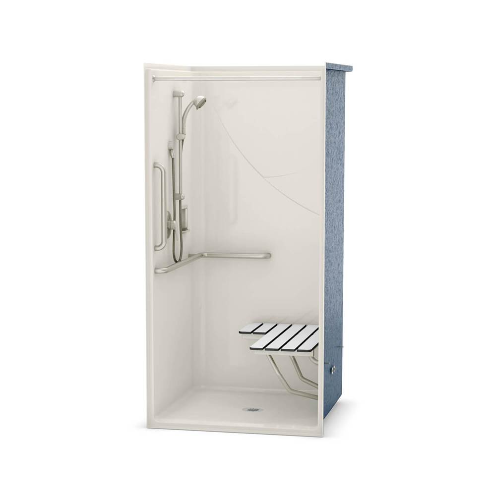 Aker OPS-3636 AcrylX Alcove Center Drain One-Piece Shower in Biscuit - Complete Accessibility Package with Vertical Grab Bar