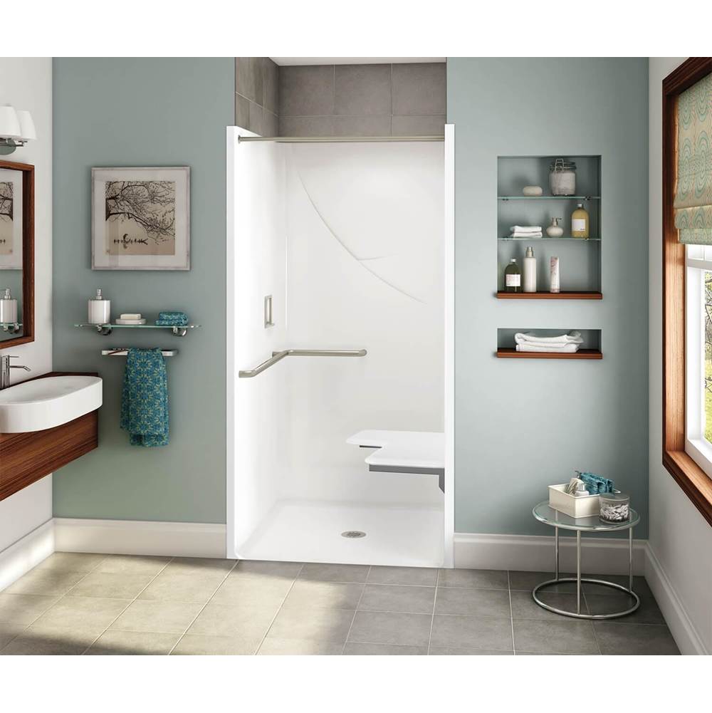 Aker OPS-3636-RS RRF AcrylX Alcove Center Drain One-Piece Shower in Sterling Silver - ADA Grab Bar and Seat