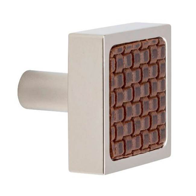 Colonial Bronze Leather Accented Square Cabinet Knob With Straight Post, Frost Brass x Royal Hide Rum Leather