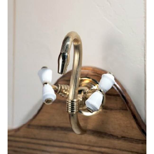 Herbeau ''Verseuse'' Wall Mounted Mixer with White or Handpainted Earthenware Handles in Sceau Rose, Satin Nickel