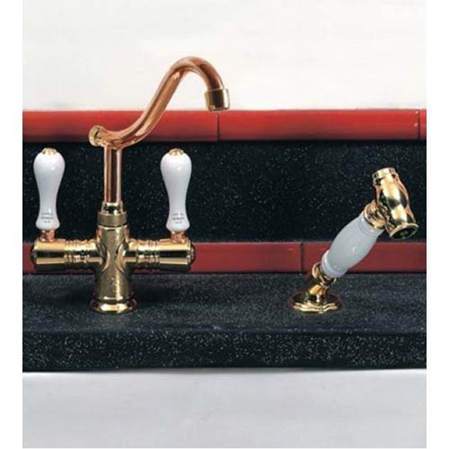 Herbeau ''Namur'' Single-Hole Kitchen / Bar / Lavatory Mixer with Handspray in Wooden Handles, Weathered Brass
