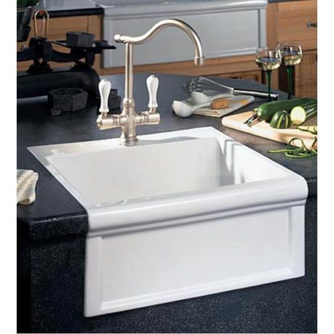 Herbeau ''Petite Luberon'' Fireclay Farmhouse Sink in Moustier Rose, White background