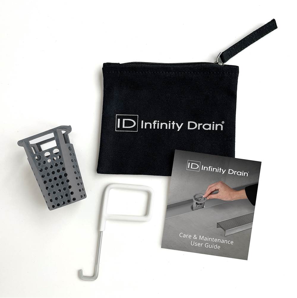 Infinity Drain Hair Maintenance Kit. Includes maintenance guide, AKEY Lift-out key, and HB 32 Hair Basket.