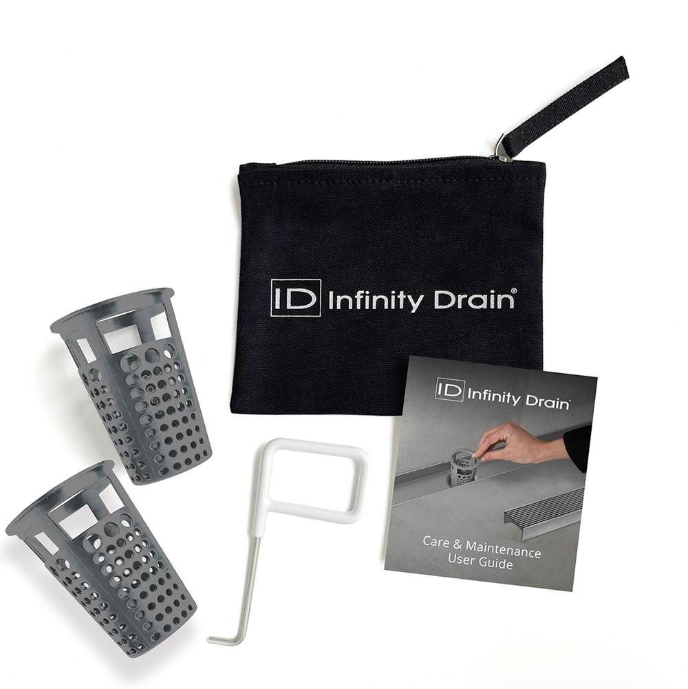 Infinity Drain Hair Maintenance Kit. Includes maintenance guide, DKEY Lift-out key, and (2) HB 65 Hair Basket.