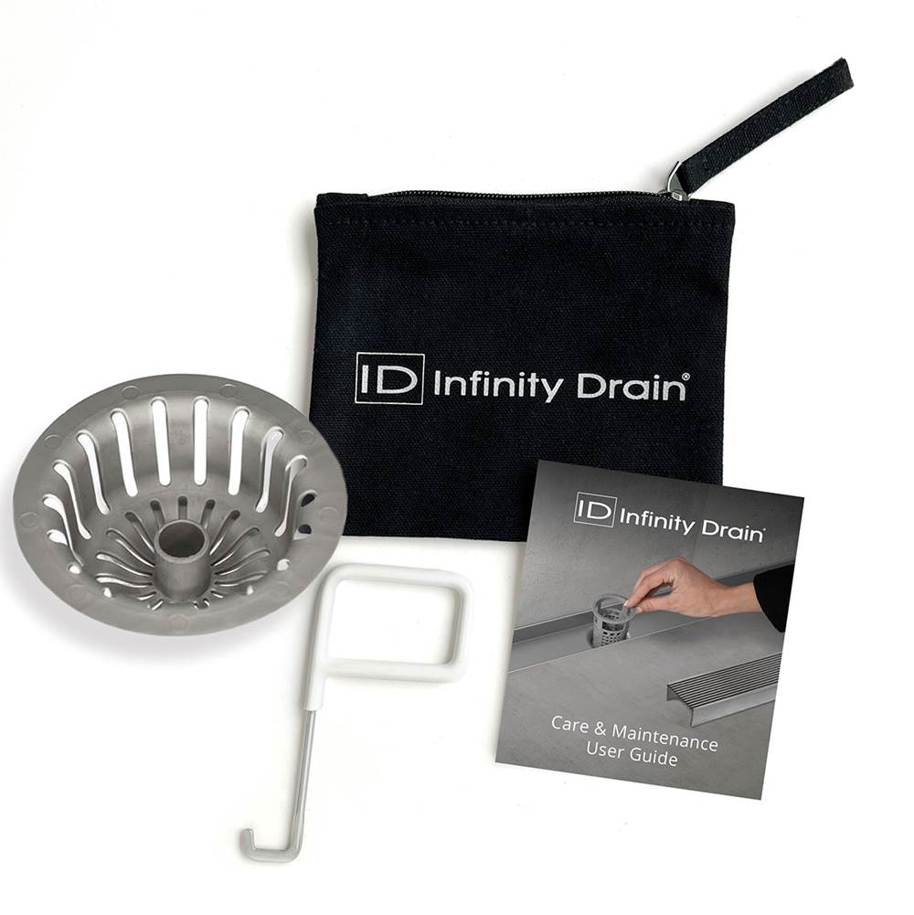 Infinity Drain Hair Maintenance Kit. Includes maintenance guide, AKEY Lift-out key, and HS 4 Hair Strainer.