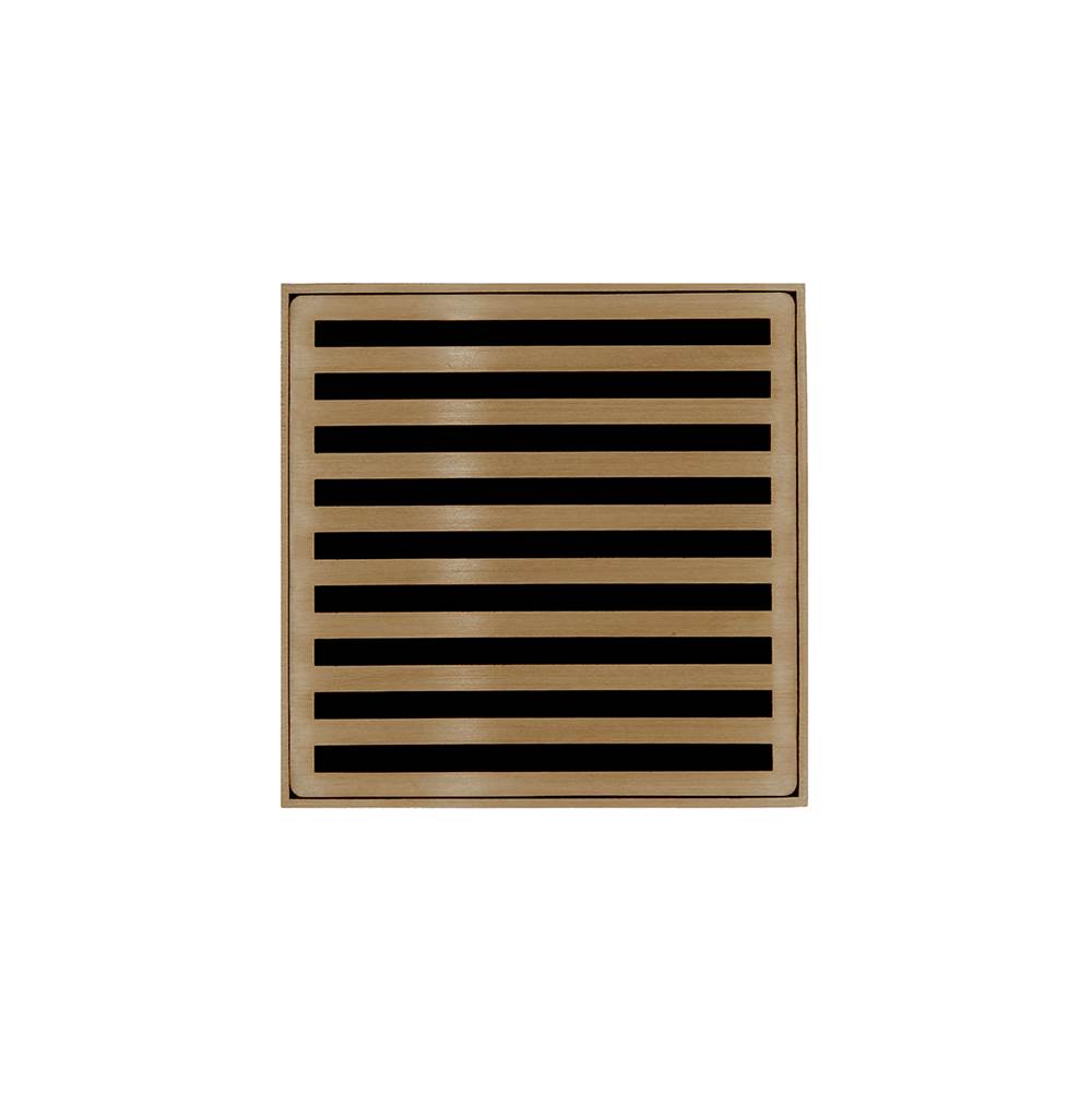 Infinity Drain 4'' x 4'' NDB 4 Complete Kit with Lines Pattern Decorative Plate in Satin Bronze with Stainless Steel Bonded Flange Drain Body, 2'' No Hub Outlet