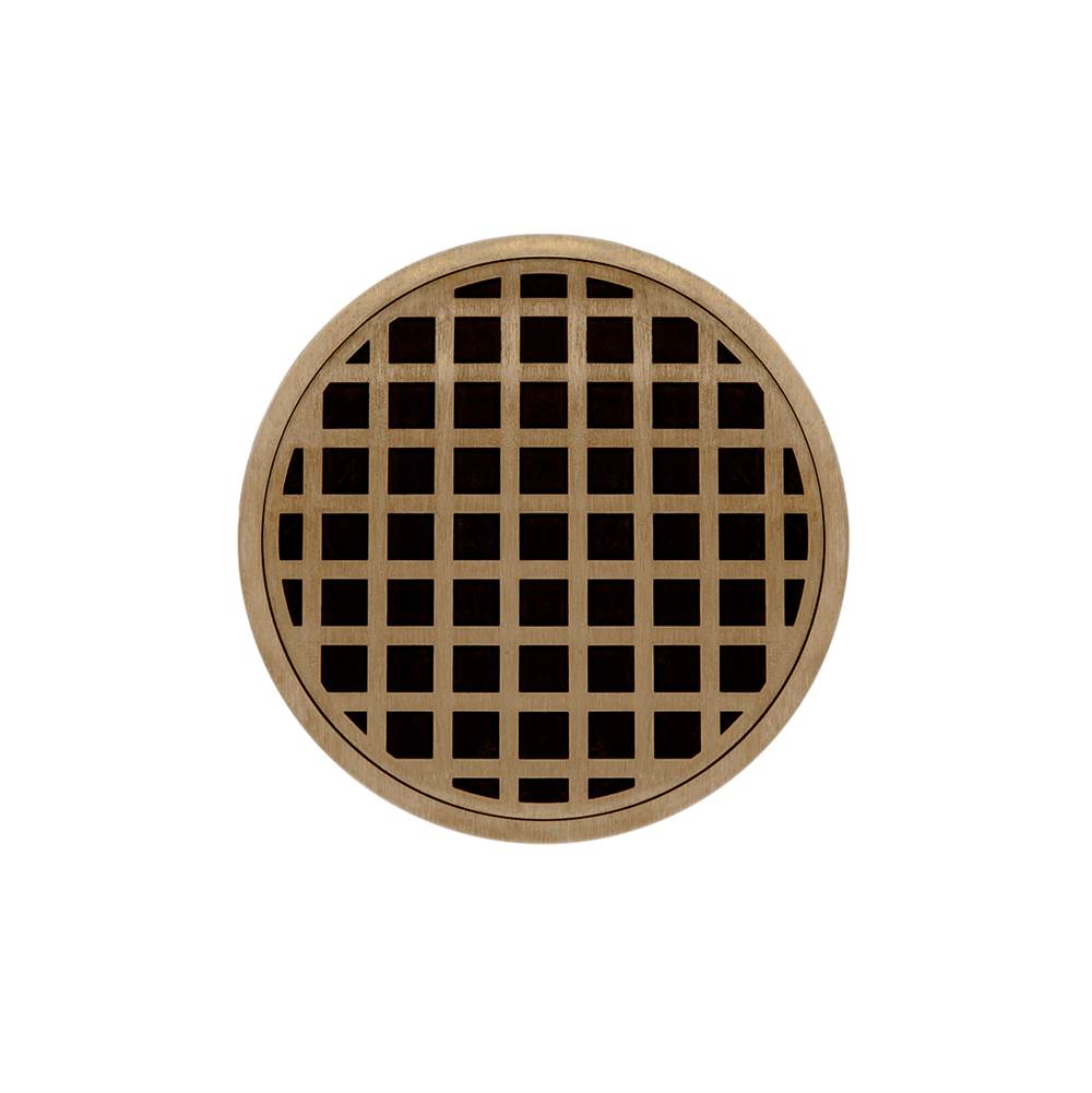 Infinity Drain 5'' Round RQDB 5 Complete Kit with Squares Pattern Decorative Plate in Satin Bronze with Stainless Steel Bonded Flange Drain Body, 2'' No Hub Outlet