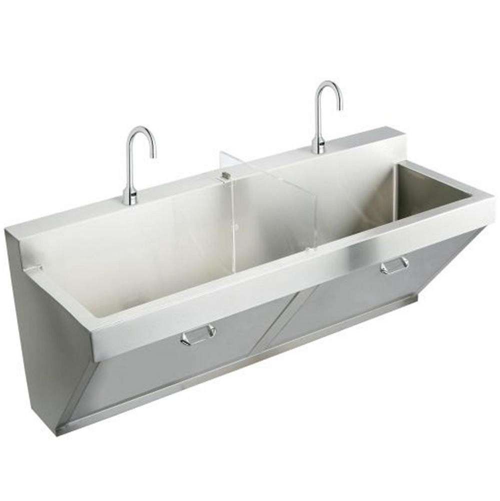 Just Manufacturing Stainless Steel 60'' x 23'' x 26'' Wall Hung Double Station Surgeon Scrub Sink Kit w/2 Faucetsand2 TMVandDrainandP-trap