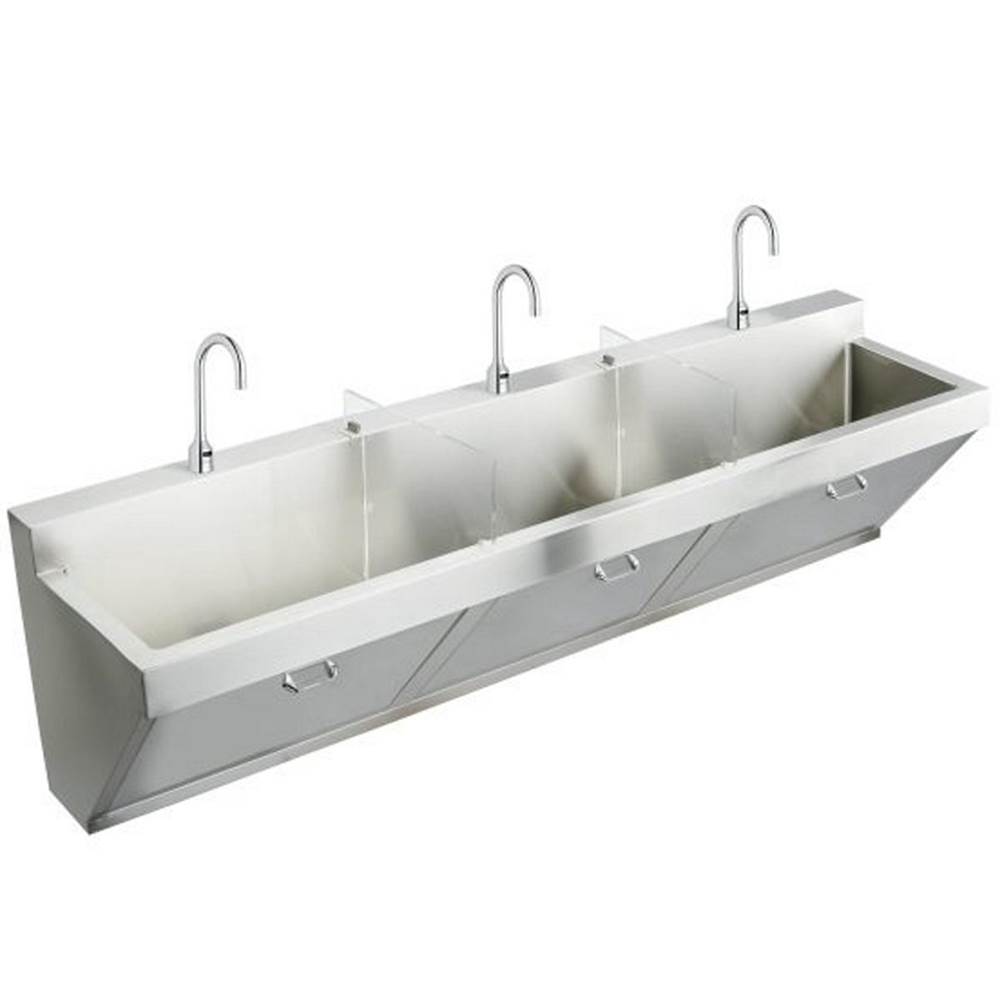 Just Manufacturing Stainless Steel 90'' x 23'' x 26'' Wall Hung Triple Station Surgeon Scrub Sink Kit w/3 Faucetsand3 TMVandDrainandP-trap