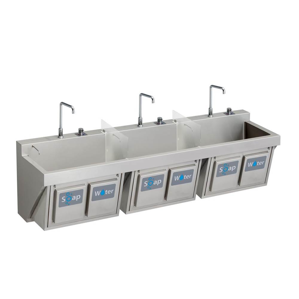 Just Manufacturing Stainless Steel 90'' x 23'' x 26'' Wall Hung Triple Station Surgeon Scrub Sink Kit w/3 Spouts and 3 TMV and Drain