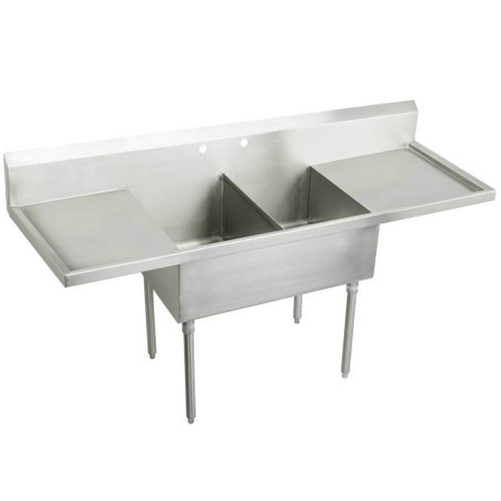 Just Manufacturing Stainless Steel 84'' x 27-1/2'' x 14'' Floor Mount Double 4-Hole Scullery Sink w/LandR Drainboards Coved Corners