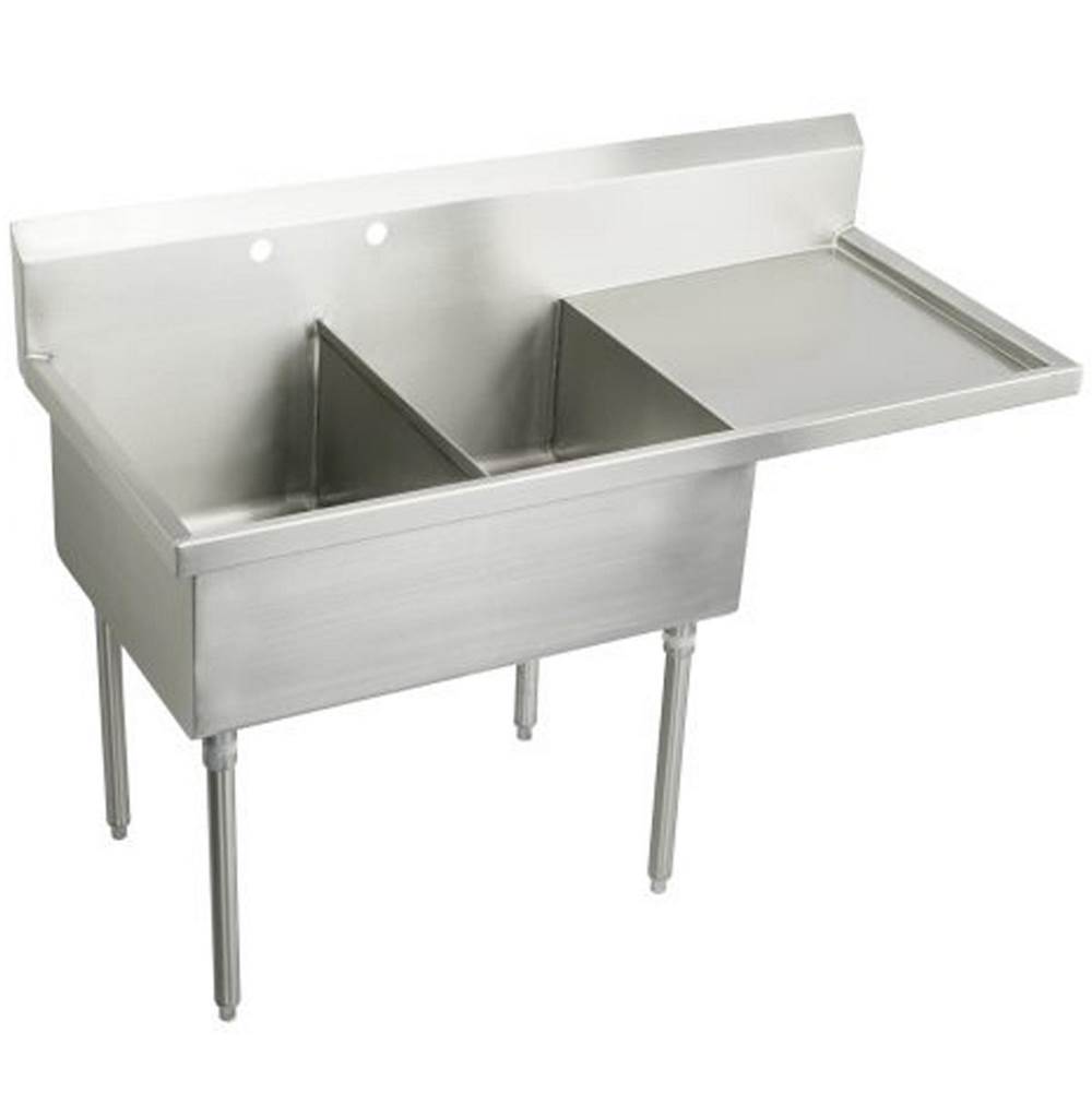 Just Manufacturing Stainless Steel 61-1/2'' x 27-1/2'' x 14'' Floor Mount Double 2-Hole Scullery Sink w/R Drainboard Coved Corners