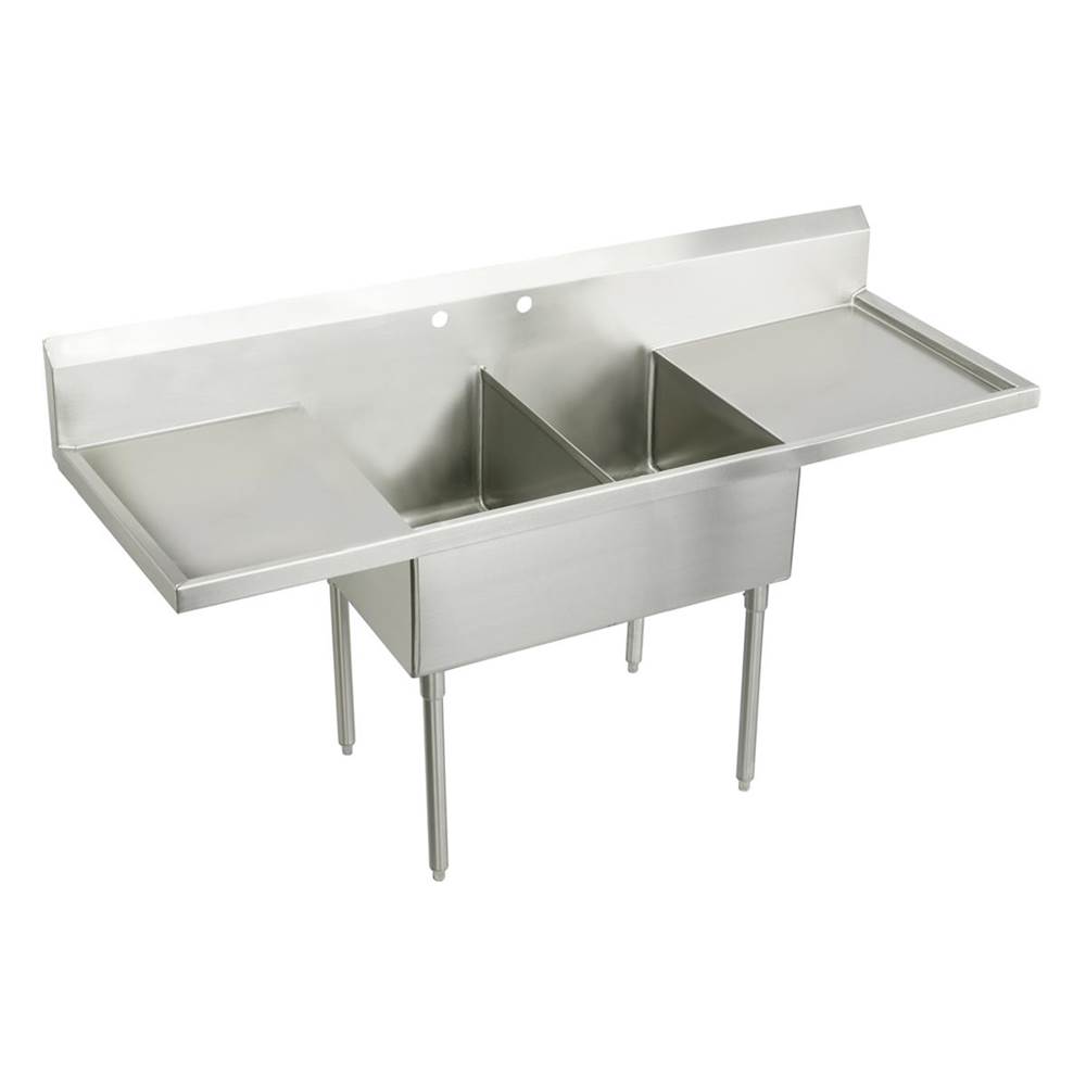 Just Manufacturing Stainless Steel 108'' x 27-1/2'' x 14'' Floor Mount Double 0-Hole Scullery Sink w/LandR Drainboards Coved Corners