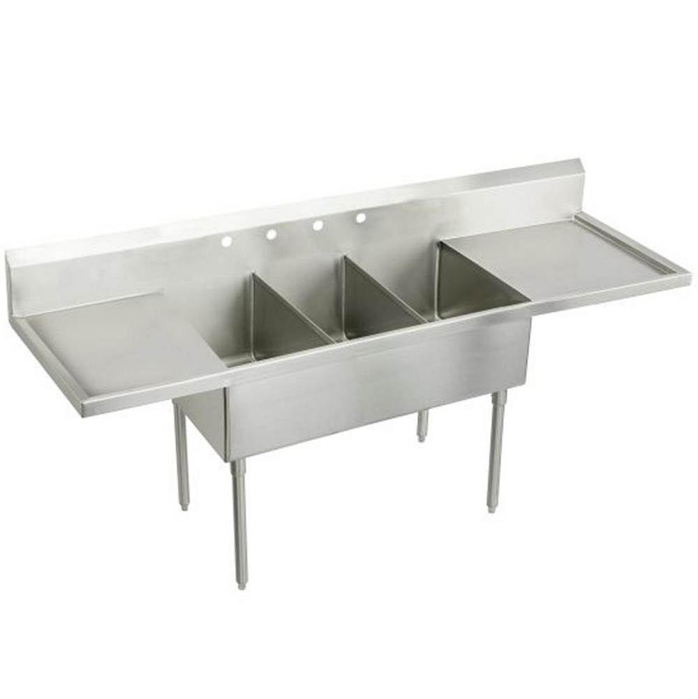 Just Manufacturing Stainless Steel 93'' x 27-1/2'' x 14'' Floor Mount Triple Compartment 4-Hole Scullery Sink w/Drainboard