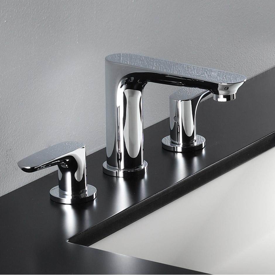 Lacava Deck-mount three-hole faucet with two lever handles. Water flow rate: 1.2GPM pressure compensating aerator. H: 5'', SPOUT: 5 1/8''.