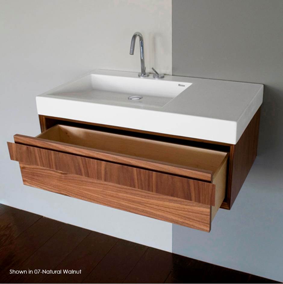Lacava Wall-mount under-counter vanity with finger pulls on one drawer, the drawer has Ushaped notch for plumbing.