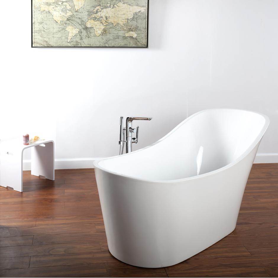 Lacava Free-standing soaking bathtub made of luster white acrylic with an overflow and polished chrome drain, net weight 135 lbs, water capacity 73 gal.