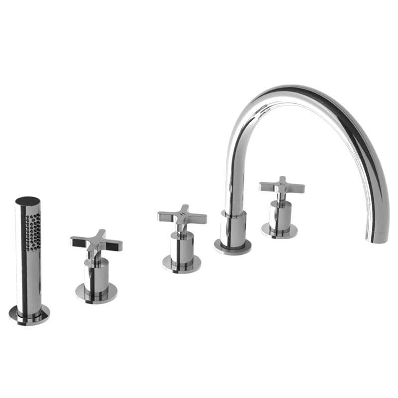 Lefroy Brooks Kafka Cross Handle 5-Hole Bath Trim With Pull-Out Hand Shower & Deck Diverter To Suit R1-4007 Rough, Polished Chrome