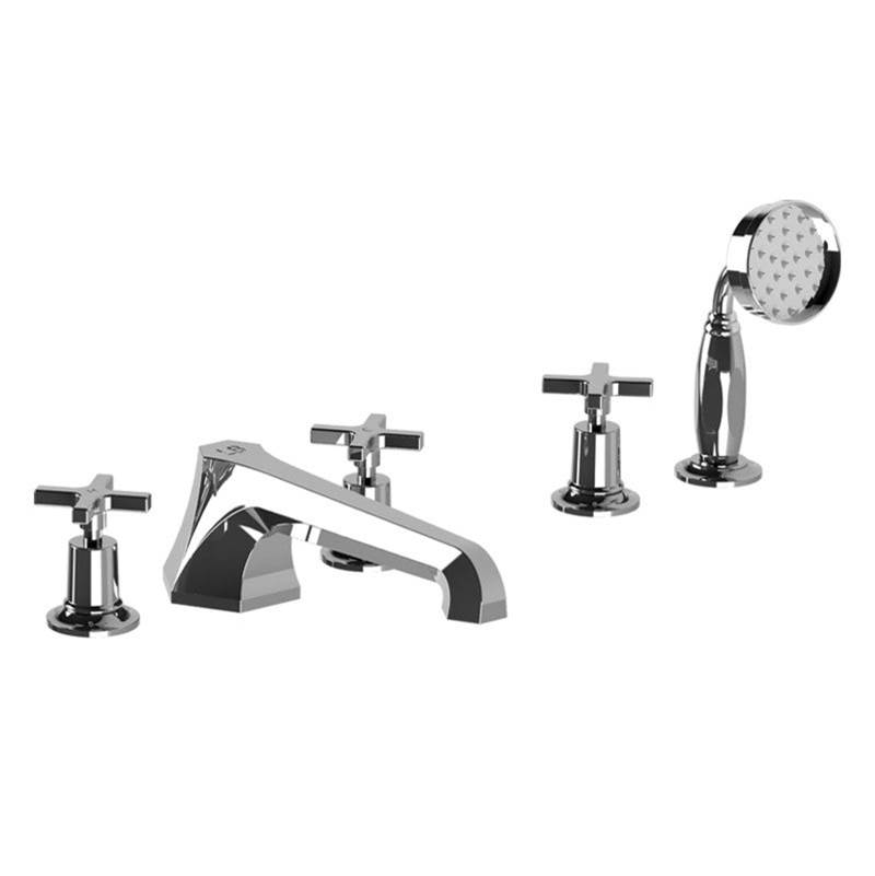 Lefroy Brooks Mackintosh Cross Handle 5-Hole Bath Set With Deck Diverter & Metal Pull-Out Hand Shower Trim To Suit R1-4007 Rough, Silver Nickel
