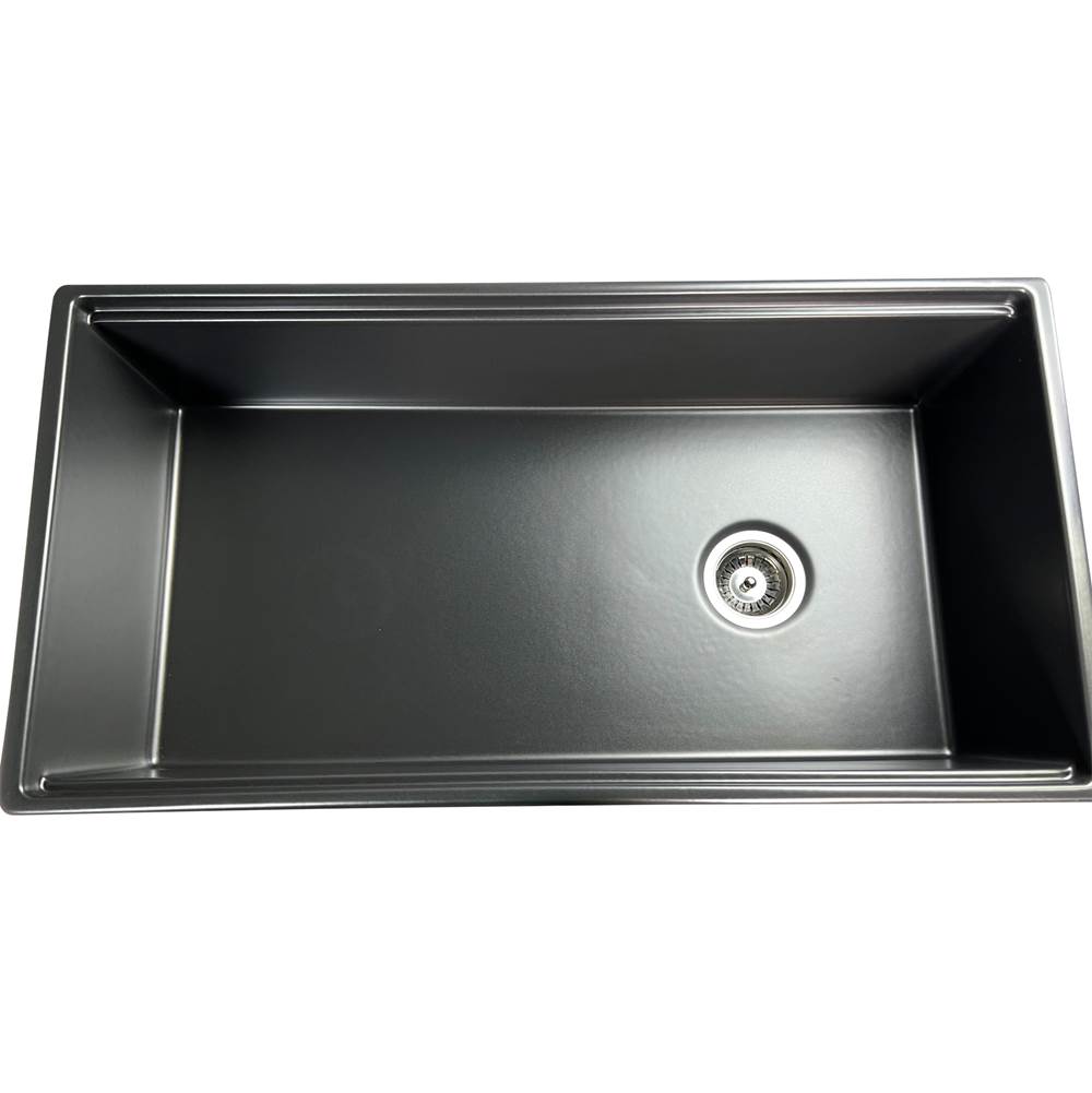 Nantucket Sinks 36 Inch Matte Black Farmhouse Workstation Fireclay Sink With Offset Drain, Integral Shelf For Cutting Board, Bottom Grid And Drain