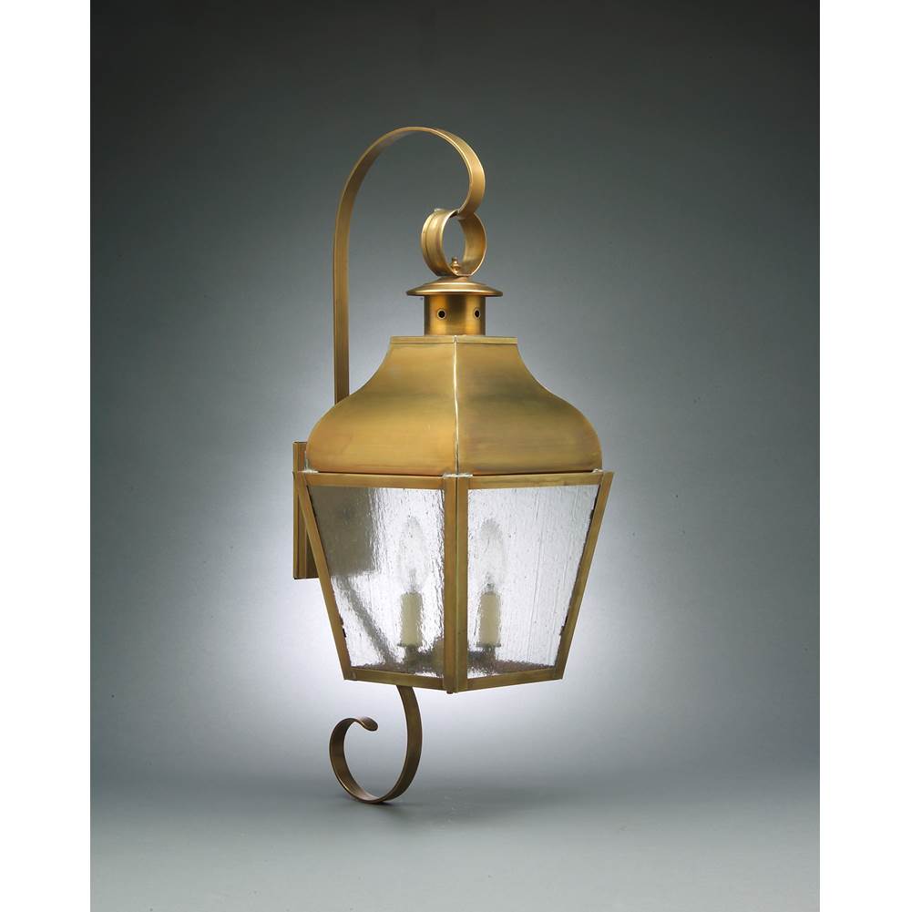 Northeast Lantern Curved Top Wall With Top and Bottom Scroll Dark Antique Brass 2 Candelabra Sockets Seedy Marine Glass