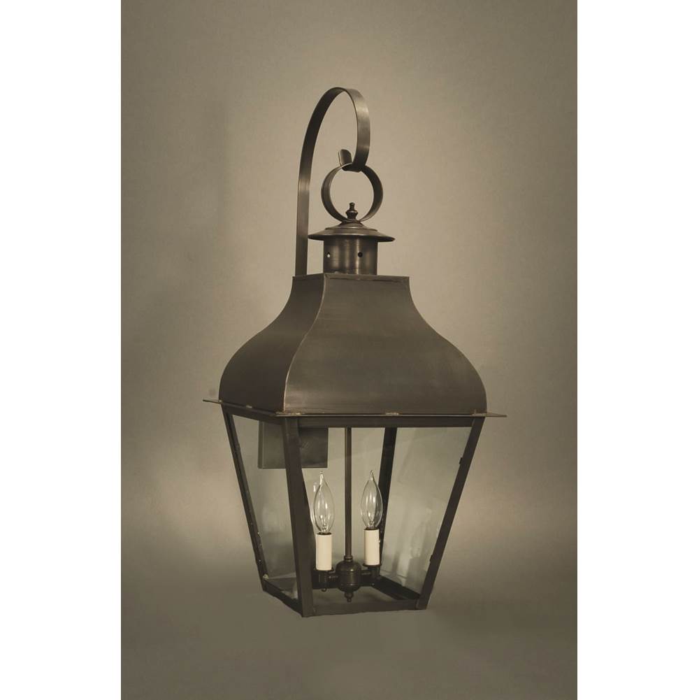 Northeast Lantern Curved Top Wall With Top Scroll Verdi Gris 2 Candelabra Sockets Clear Glass