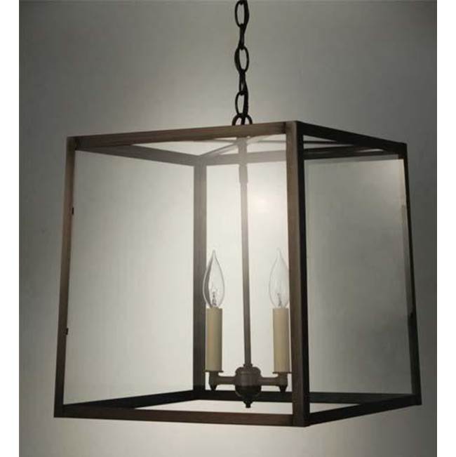 Northeast Lantern Square Trapezoid Hanging Antique Brass 2 Candelabra Sockets Clear Seedy Glass