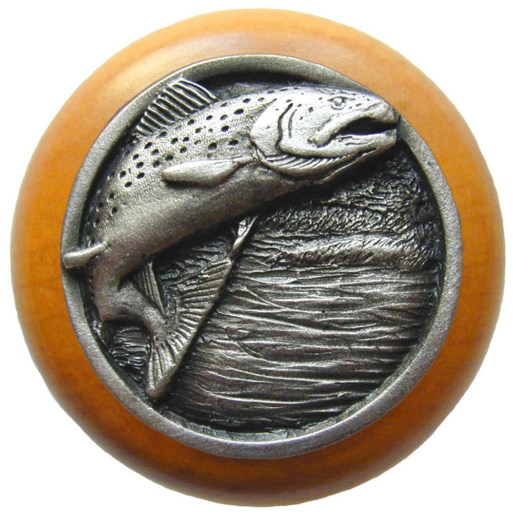 Notting Hill Leaping Trout Wood Knob in Antique Pewter/Maple wood finish