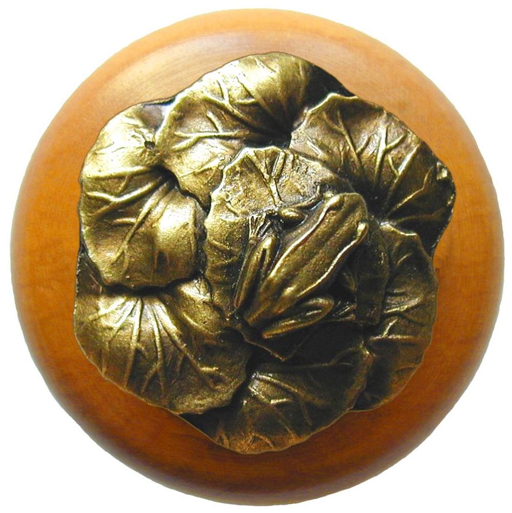 Notting Hill Leap Frog Wood Knob in Antique Brass /Maple wood finish