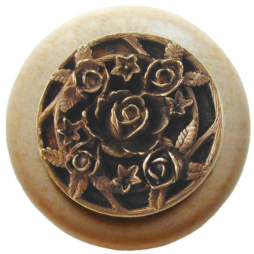 Notting Hill Saratoga Rose Wood Knob in Antique Brass/Natural wood finish
