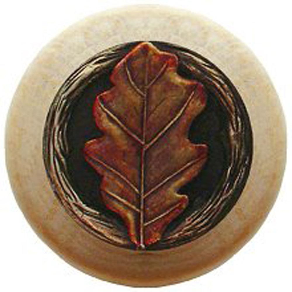 Notting Hill Oak Leaf Wood Knob in Hand-tinted Antique Brass/Natural wood finish