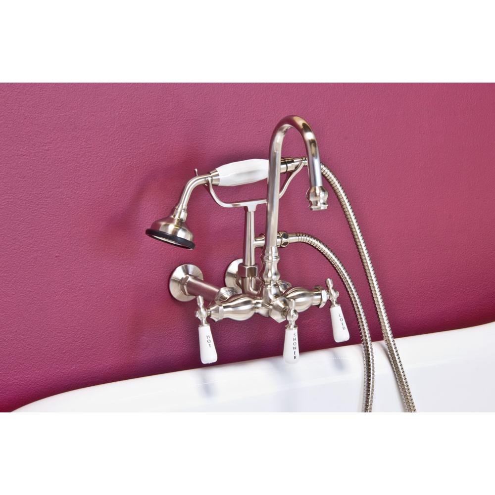 Strom Living Chrome Wall Mount Gooseneck Faucet, 3 3/8'' Ctr  W/Handheld Shower, Includes Vacu