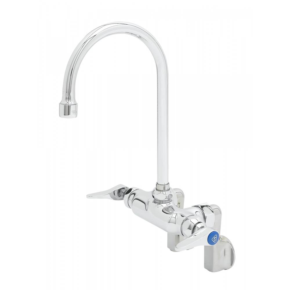 T&S Brass Double Pantry Faucet, Wall Mount, Adjustable Centers, 6'' Gooseneck, Lever Handles