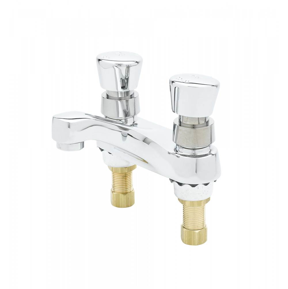 T&S Brass Metering Faucet, Deck Mount, 4'' Centers, 0.5 GPM VR Outlet Device, Push Buttons