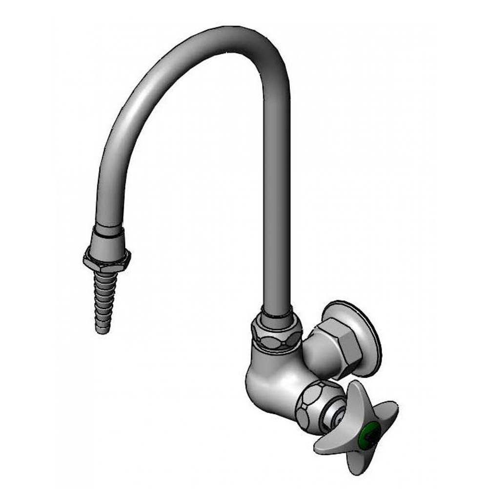 T&S Brass Lab Faucet, Single Temp, Wall Mount, Swivel/Rigid Gooseneck, Serrated Tip, 4-Arm Handle