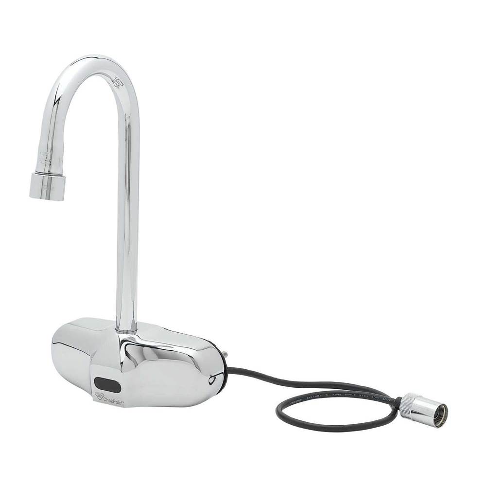 T&S Brass ChekPoint Electronic Faucet, 4'' Wall Mount, Gooseneck, 1.0 GPM VR Aerator (Two-Hole Installation Design)