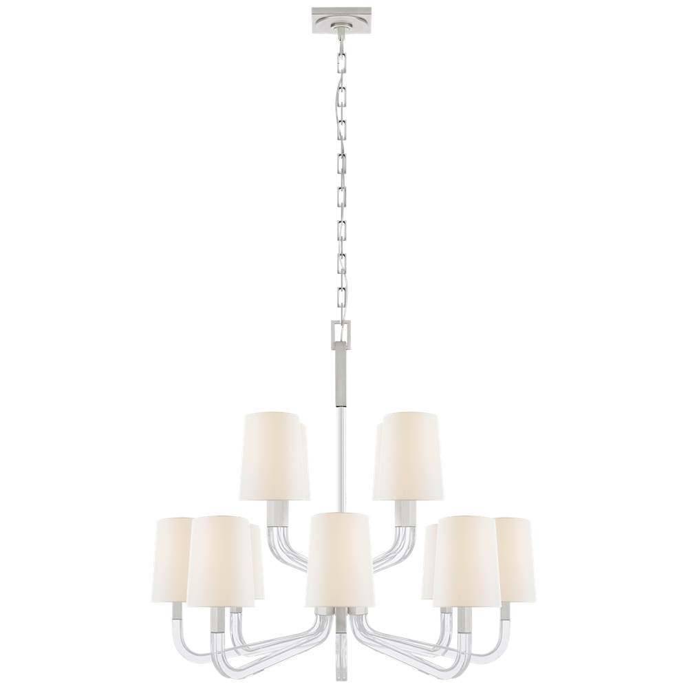 Visual Comfort Signature Collection Reagan Medium Two Tier Chandelier in Polished Nickel and Crystal with Linen Shades