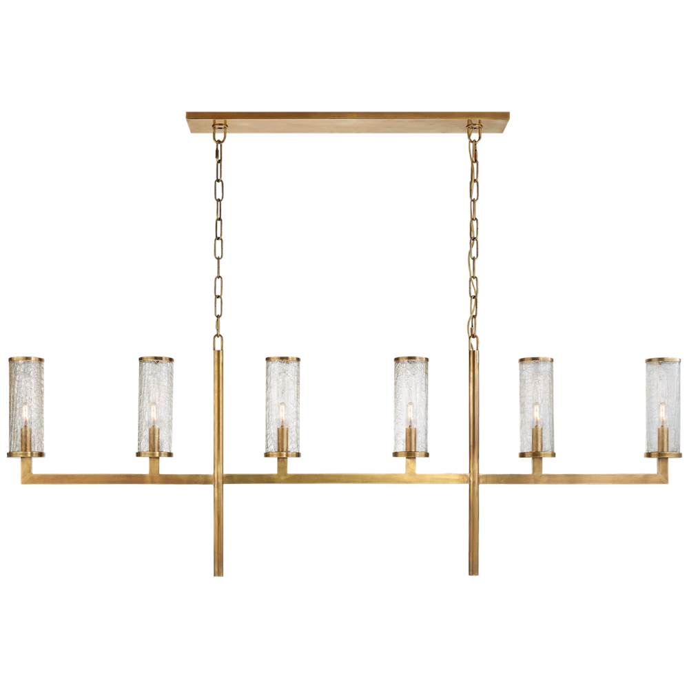 Visual Comfort Signature Collection Liaison Large Linear Chandelier in Antique-Burnished Brass with Crackle Glass