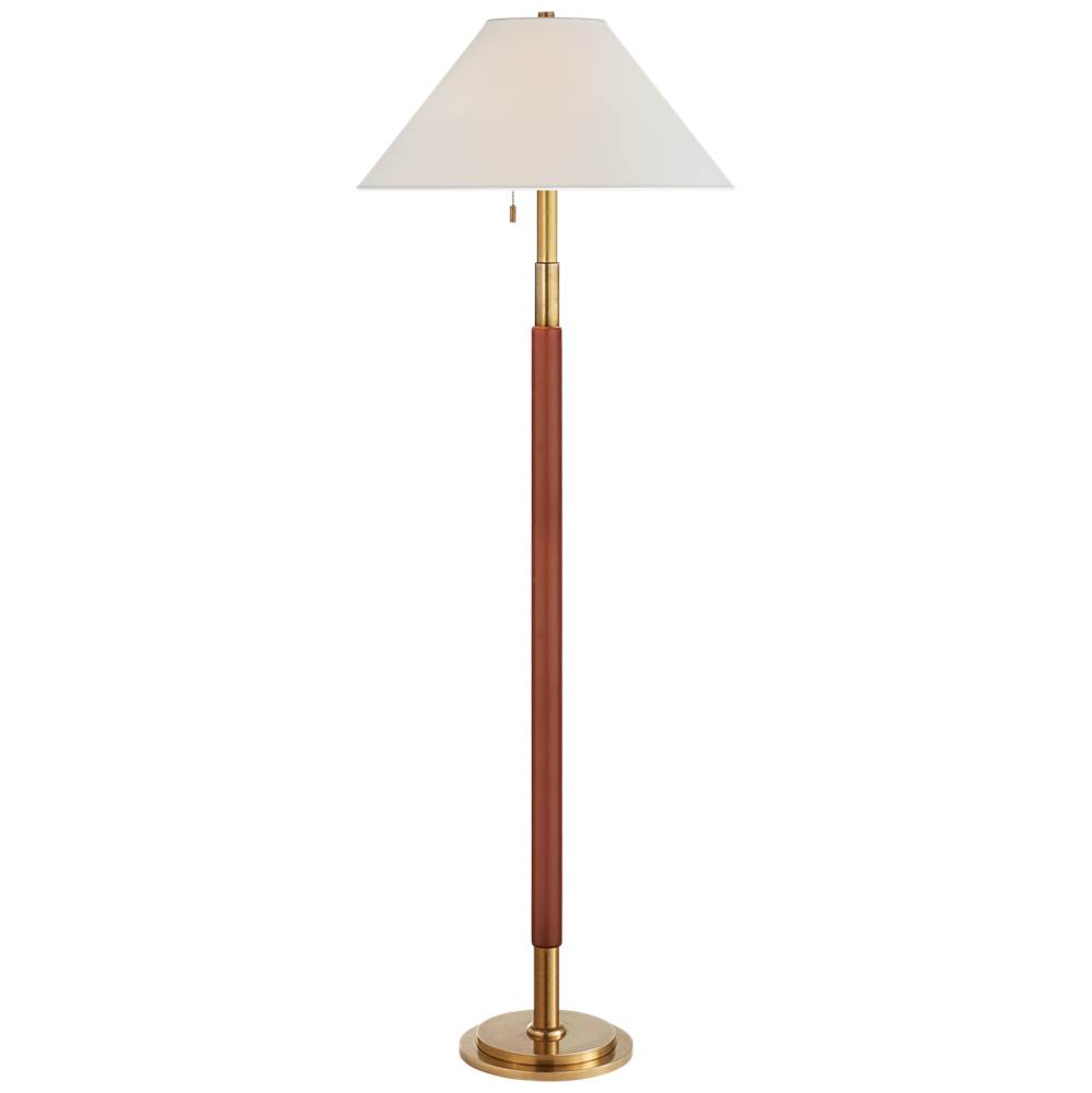 Visual Comfort Signature Collection Garner Floor Lamp in Natural Brass and Saddle Leather with Percale Shade