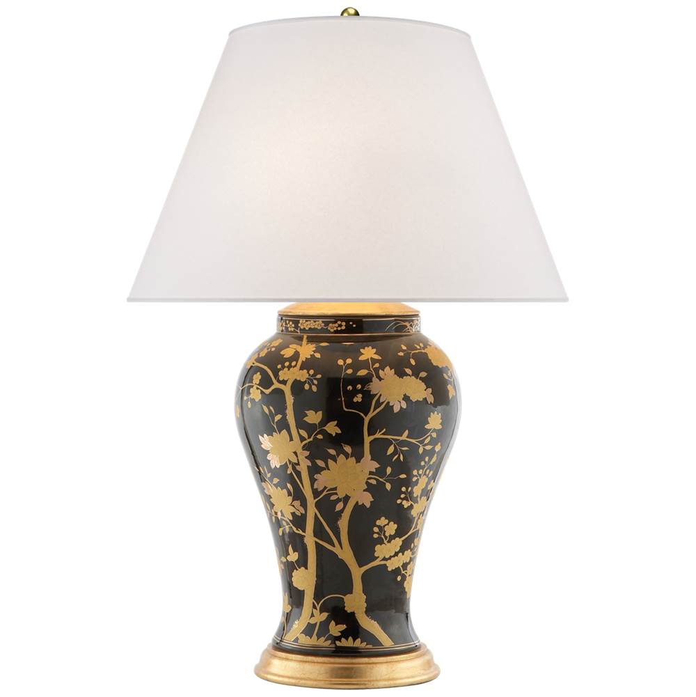 Visual Comfort Signature Collection Gable Table Lamp in Black and Gold Porcelain with Silk Shade