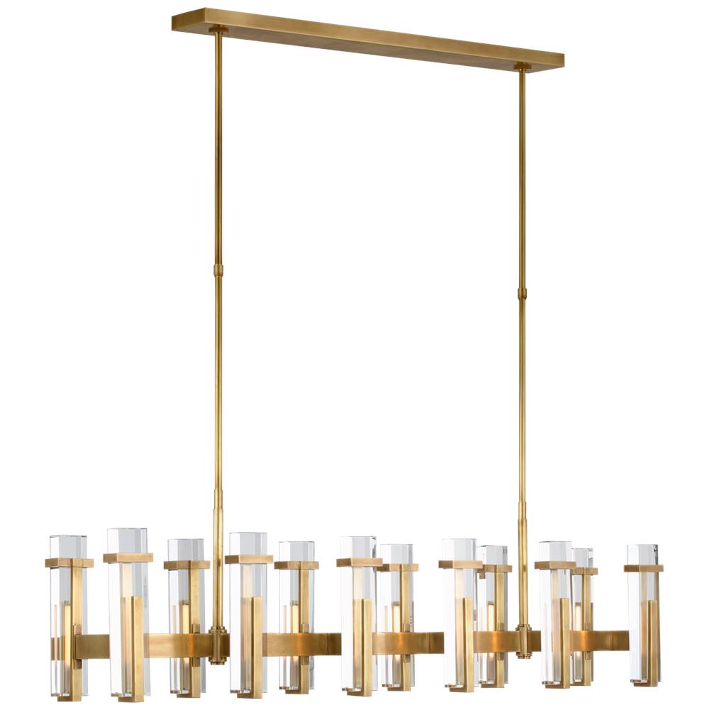 Visual Comfort Signature Collection Malik Large Linear Chandelier in Hand-Rubbed Antique Brass with Crystal