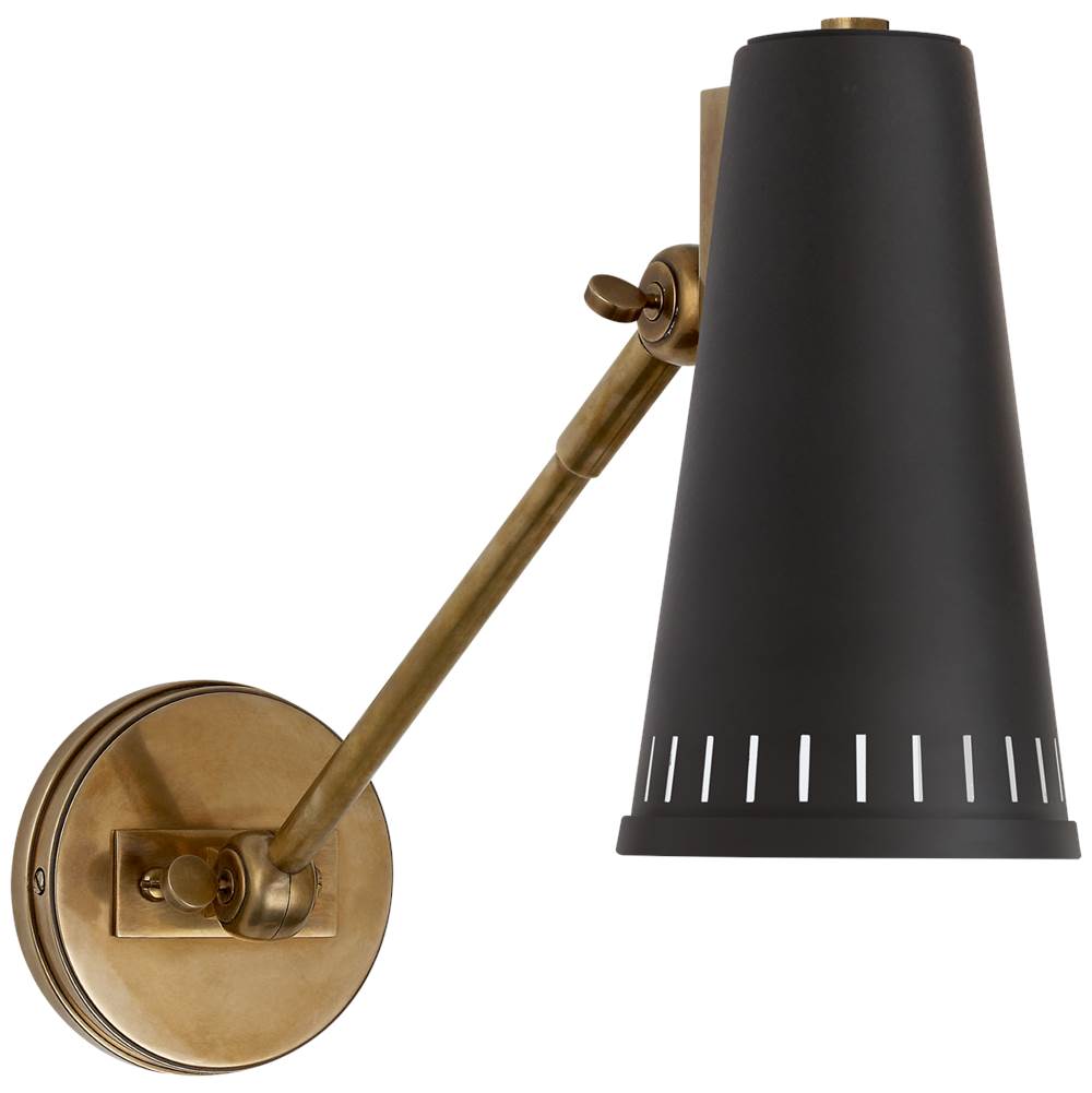 Visual Comfort Signature Collection Antonio Adjustable One Arm Wall Lamp in Hand-Rubbed Antique Brass with Matte Black Shade