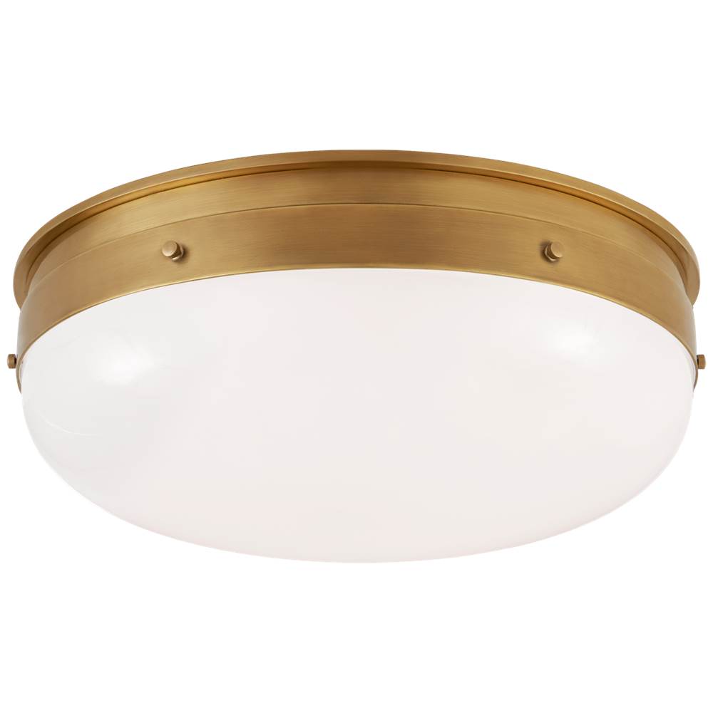 Visual Comfort Signature Collection Hicks Medium Flush Mount in Hand-Rubbed Antique Brass with White Glass