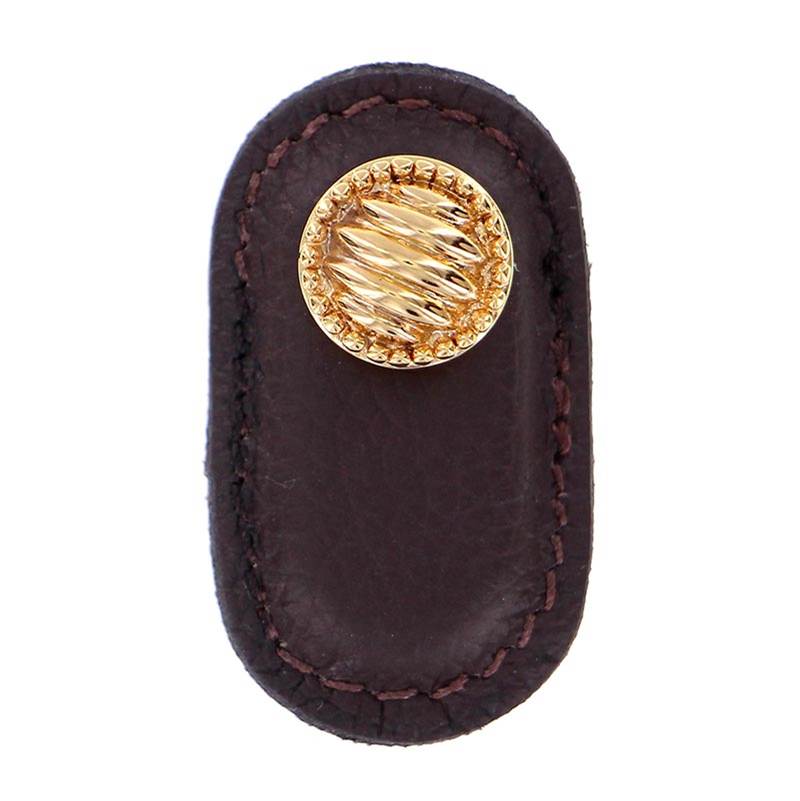Vicenza Designs Sanzio, Knob, Large, Leather, Lines and Dots, Brown, Polished Gold