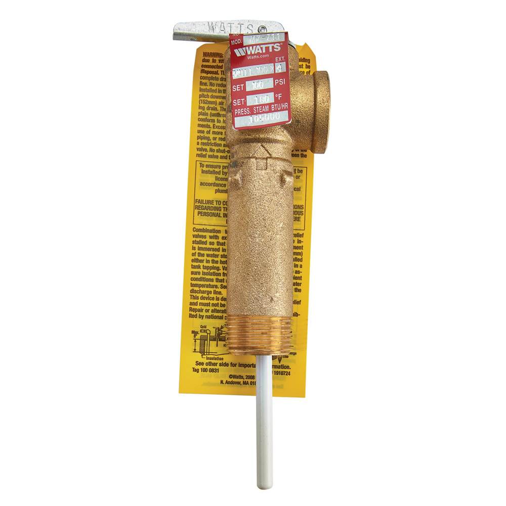 Watts 3/4 In Brass Self Closing Temperature And Pressure Relief Valve, 100 psi, 180 F, Extended Shank Up To 3 In Insulation